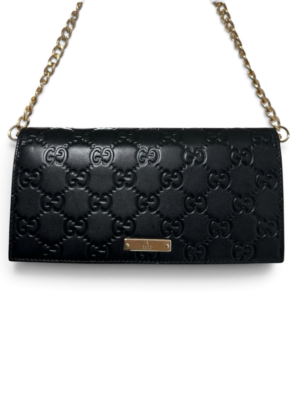Gucci Black Leather GG Embossed Monogram Wallet on Gold Chain